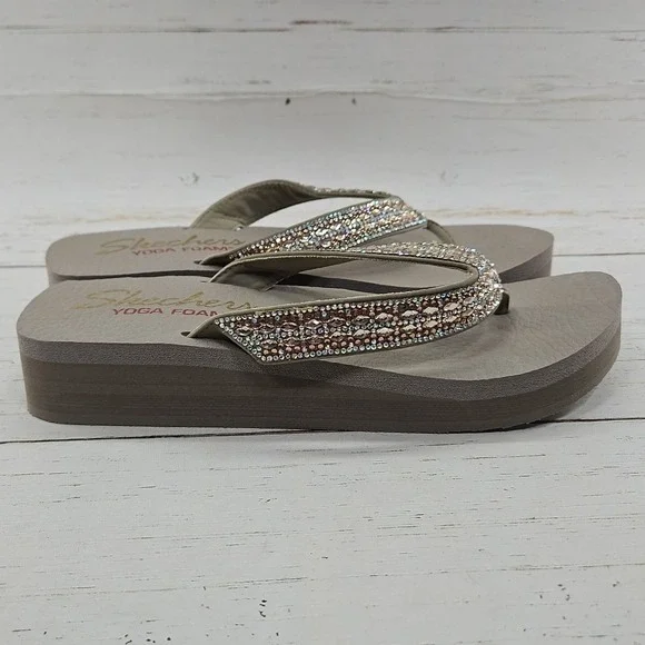Skechers Vinyasa Glory Day Womens 10 Taupe Jeweled Platform Thong Sandals 31619 - Picture 5 of 11
